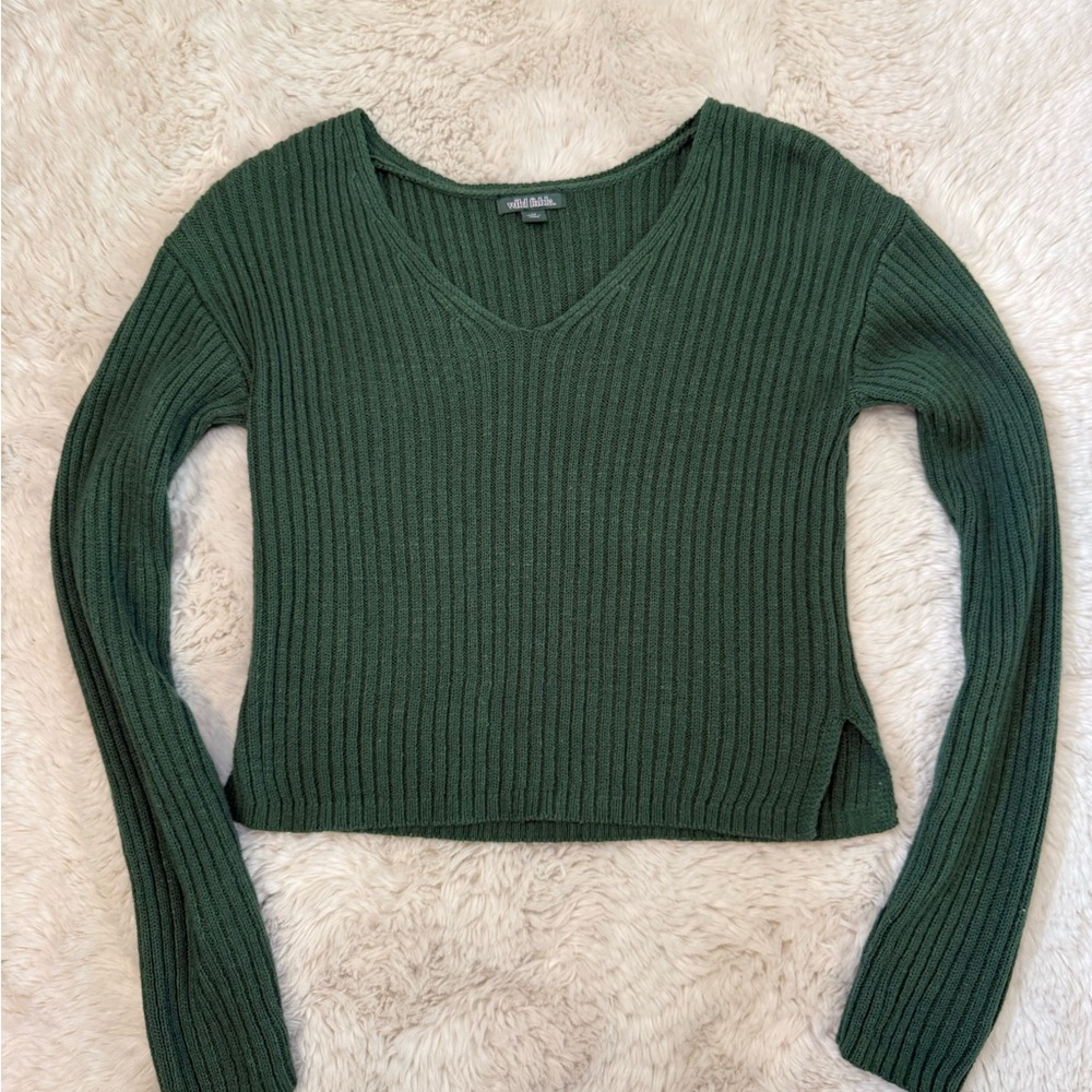 Green Ribbed V-Neck Cropped Sweater XS